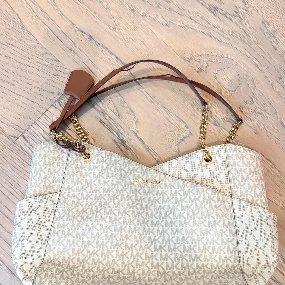 Michael Kors Cream & Brown MK Logo Shoulder Tote with Gold Hardware